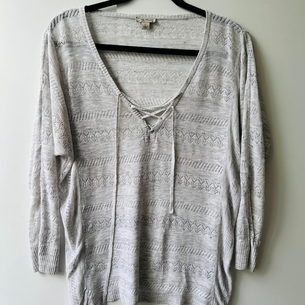 Lucky Brand Top Blouse Womens Large Knit Crochet & Lace Long Sleeve Grey